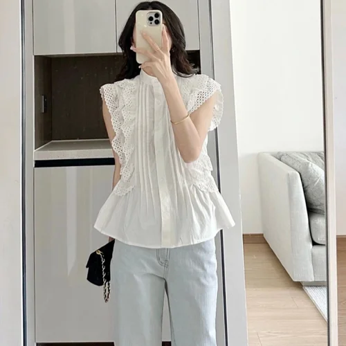 Imagen 2 del producto Camisas blancas de manga voladora a la moda, blusa de encaje con volantes sin mangas Vintage para mujer, Tops dulces informales elegantes 27709