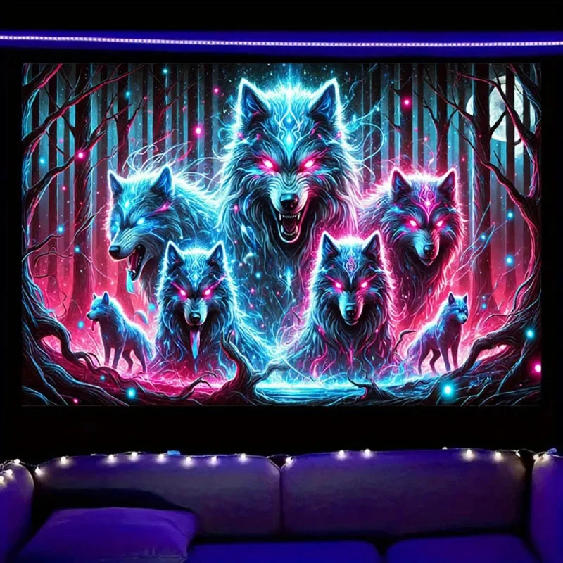 VIKAMA UV Reactive Wolf Pack Tapestry Neon Forest Wall Hanging Blacklight Aesthetic Tapestries for Bedroom Decor