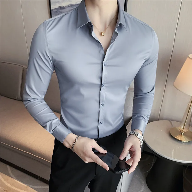 Khaki Men Shirt Luxury Quality Soft Long Sleeve Shirt Wedding Man 4XL Slim Fit Casual Blouse Male Chemise Homme Camisa 11 Colors