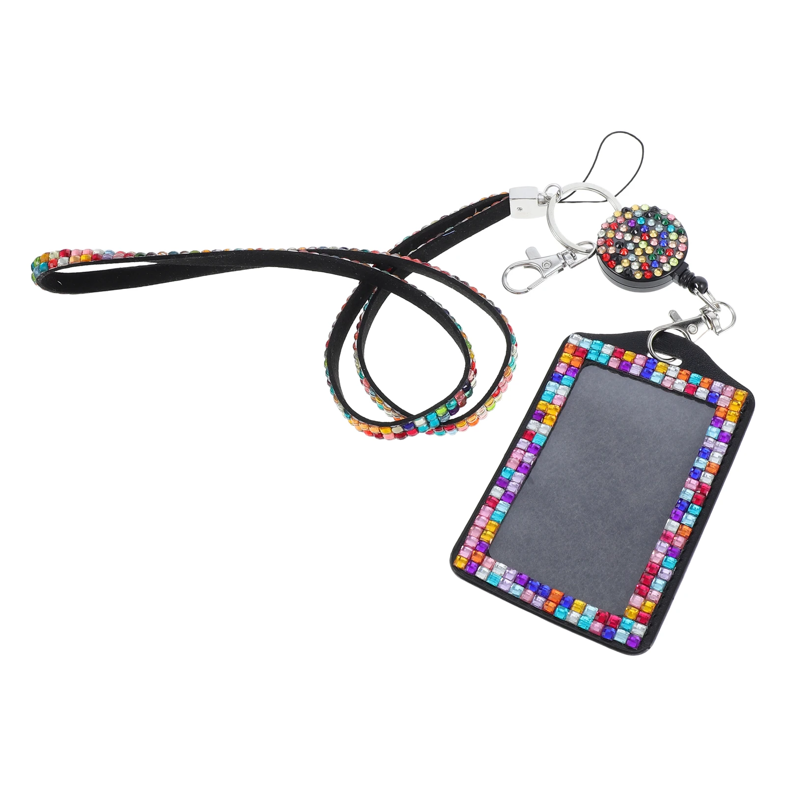 Crystal Rhinestone Lanyard Id Card Hanging Rope Badge Holder with Shiny Design Protector