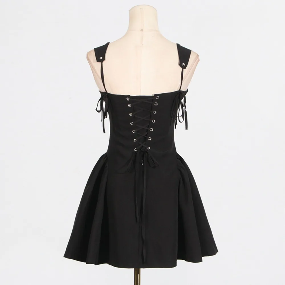 2025 New Women Sexy Spaghetti Straps Black Mini Ball Gown Dress Low Waist Lacing Up Back Party Skater Dresses Summer Robe