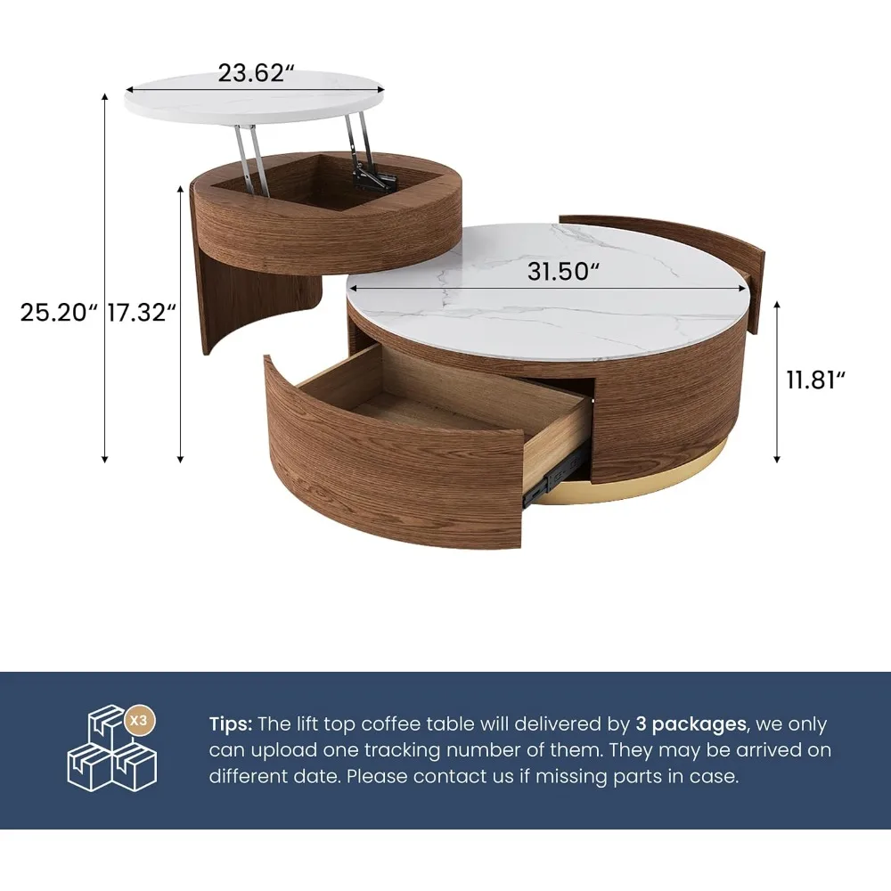 Round Lift Top Coffee Table with Storage Drawers and Hidden Compartment, Sintered Stone Top,31.5" Wood Coffee Table Center Table