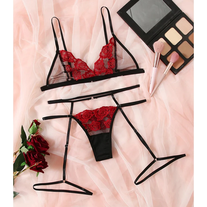 

Sexy Lingerie Set Black and Red Gauze Flower Lace Sexy Underwear Includes Women's Bra Panty Leg Loop 3 Piece Set Corset Woman