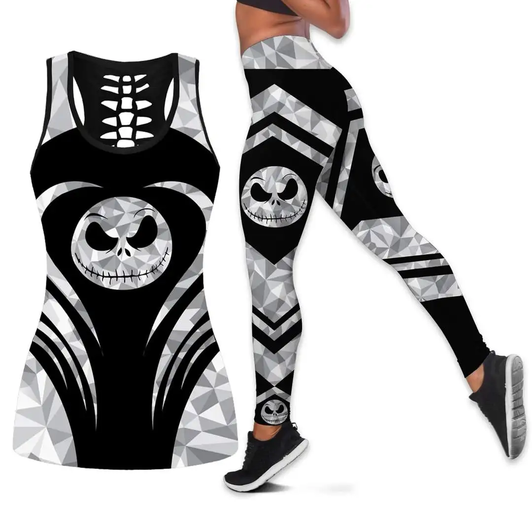 Jack Skellington Women\'s Hollow Vest + Womens Leggings Yoga Suit Fitness Leggings Sports Suit Disney Tank Top Legging Set Outfit