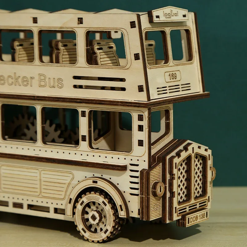 Quebra-cabeças de madeira 3d, modelo de ônibus de dois andares, kits de blocos de construção de madeira, montagem diy, brinquedo para crianças e adultos, coleção de presente