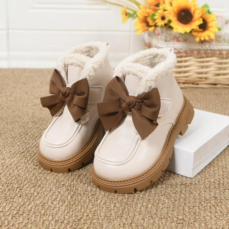 Winter Girls Fashion Cotton Boots Beige Black Bow Padded Thickened Kids Leather Shoes Children's Baby Short Boots