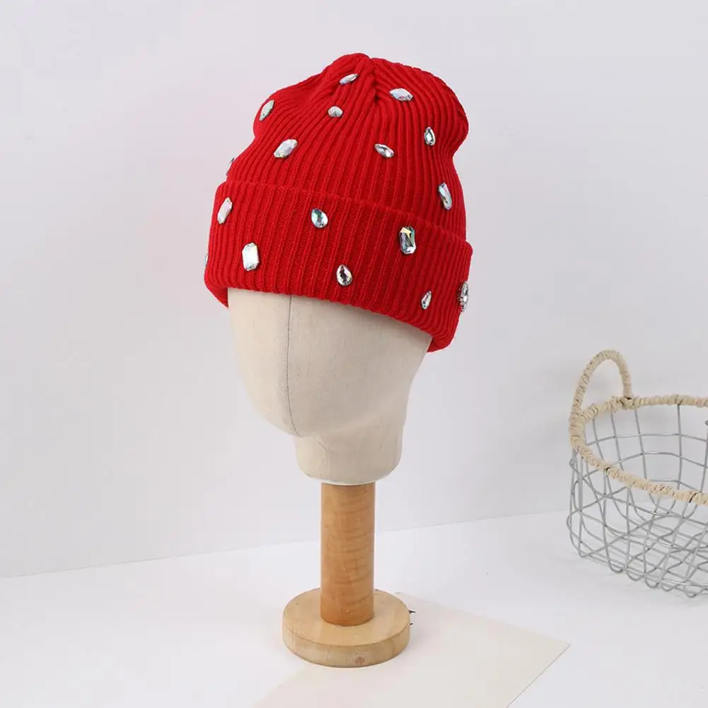 Punk Style Hat with Rhinestones Bling Rhinestone Knitted Hat Winter Warm Skull Cap Street Punk Fashion Accessory for Women