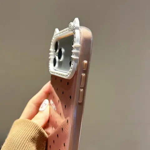 Fashion Polka Dot 3D Cat Ear Diamond Case Phone Case for iPhone Air 17 16 15 14 Pro Max 13 12 11 3in1 Removable Glitter Cover
