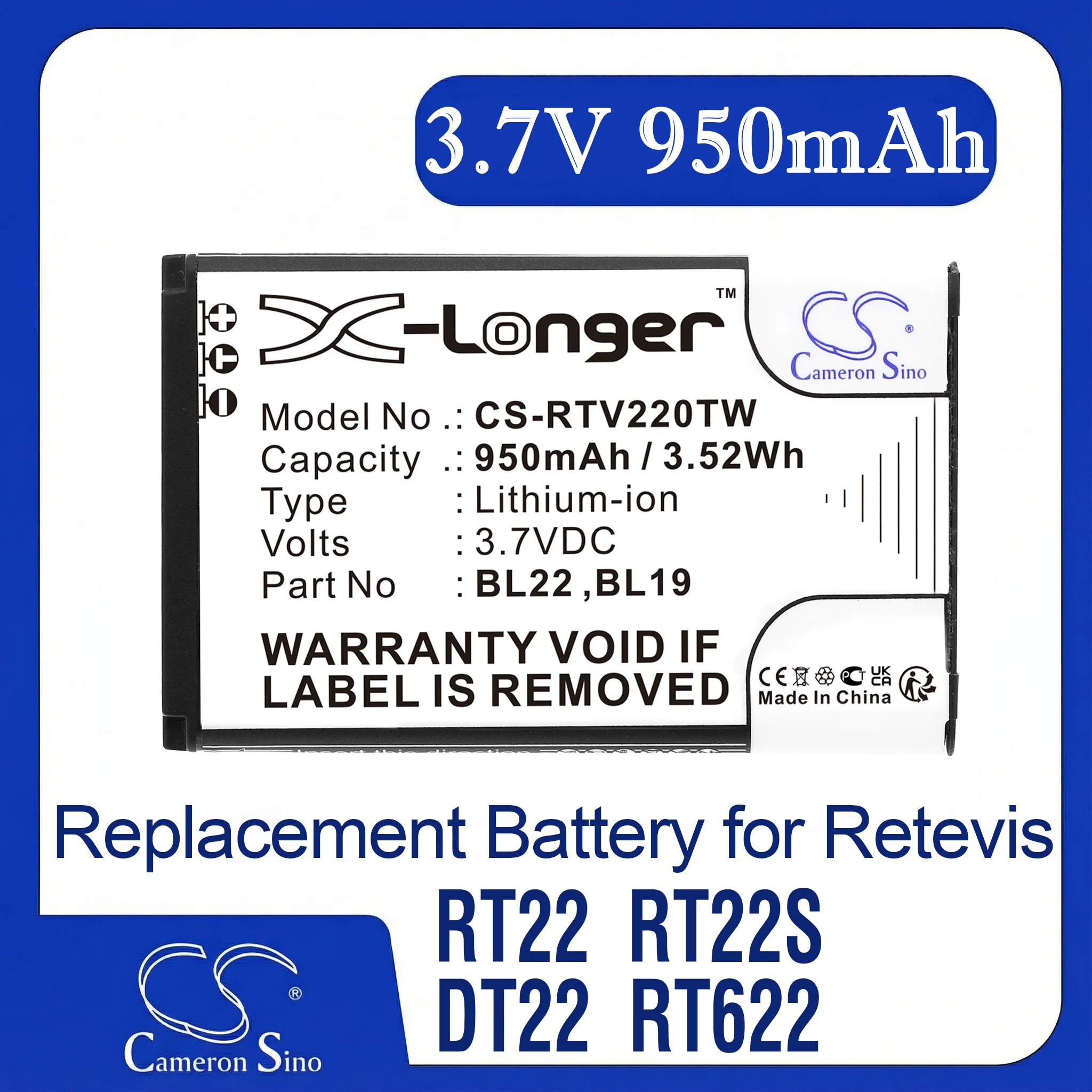 

Cameron Sino Replacement Battery for Retevis DT22, RT15, RT19, RT22, RT22S, RT619, RT622, Fits P/N BL19,BL22