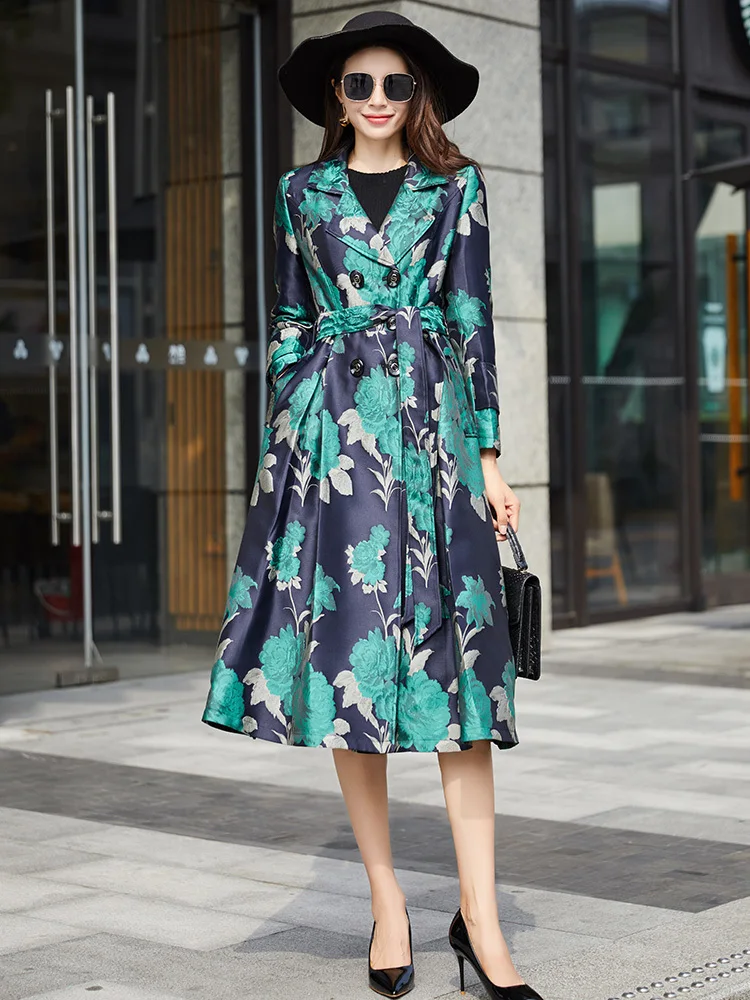 

Women Double-breasted Trench Coat Autumn Flower Jacquard Vintage Swing Pendulum Elegant Windbreaker Outwear