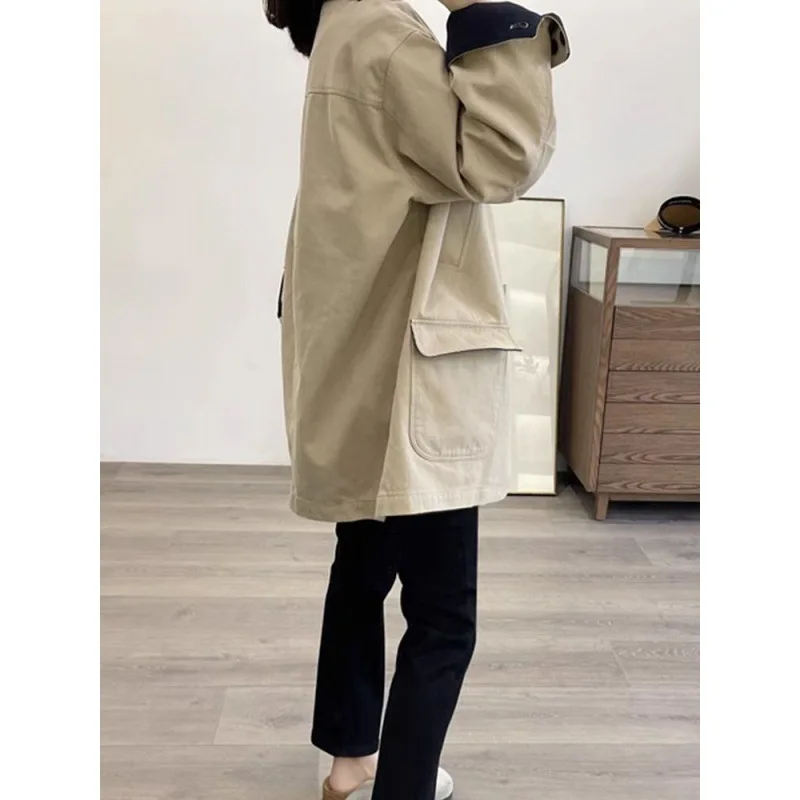 Contrast Single Breasted Small Mid Length Style Windbreaker Coat Women\'s Autumn New Casual Work Coat