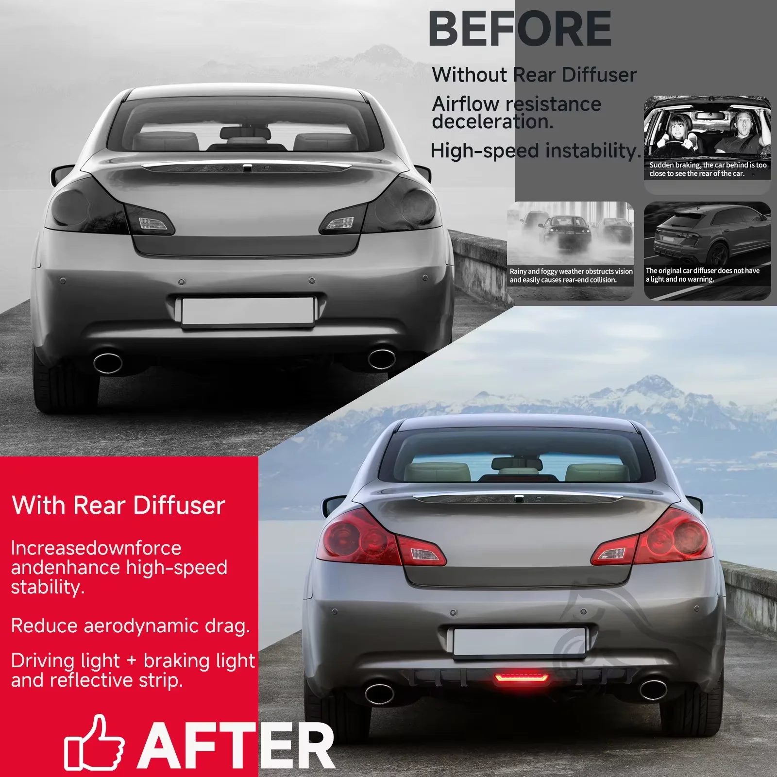 Universal Rear Shark Fin Diffuser Bumper Spoiler Lip LED Lights For Honda Accord EX-L Sedan 2012-2026 High Quality Car Accessories