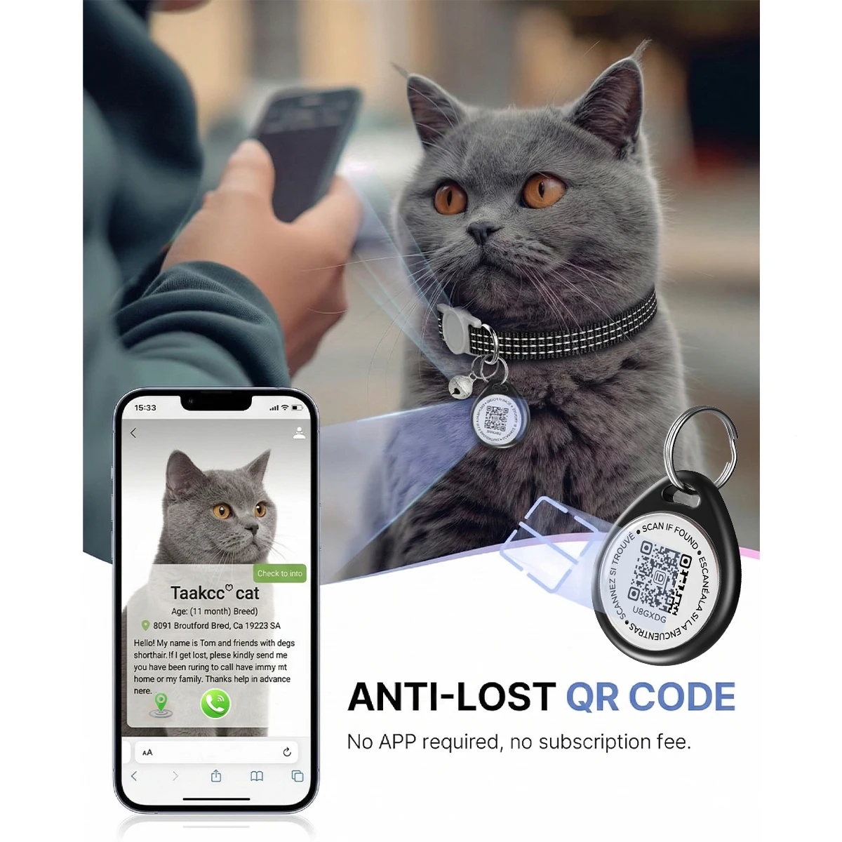 Cat Collar with Anti-loss QR Code Name Tag, Breakaway Kitten Collar, ID Cats Collar Real-time Scan Alerts, Record Pet Profile