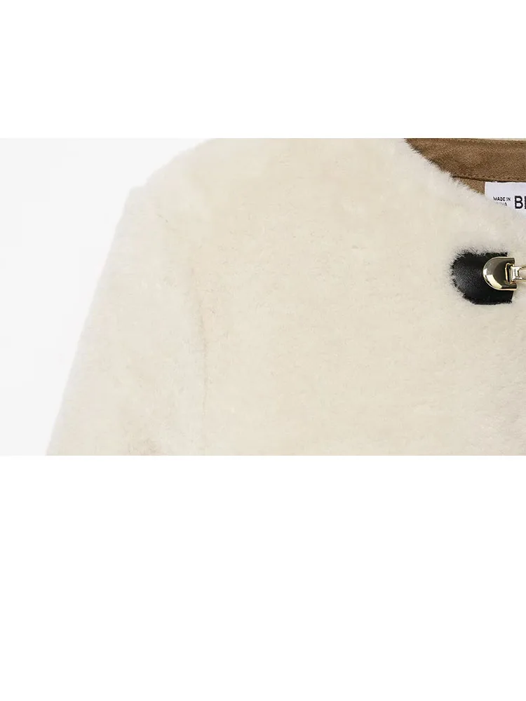 سترة نسائية جديدة للخريف والشتاء من HH مزدوجة الجوانب مع مشبك بعقدة، زخرفة من الفرو الصناعي، سترة قصيرة للتخسيس