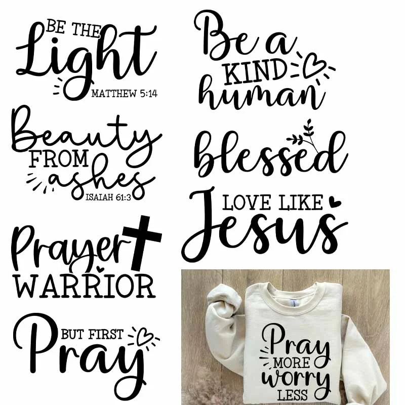 Fashion Black Christ Letter DTF Iron-on Transfer For Clothing DIY Pray Jesus Washable T-shirts Thermal Sticker Patches Applique