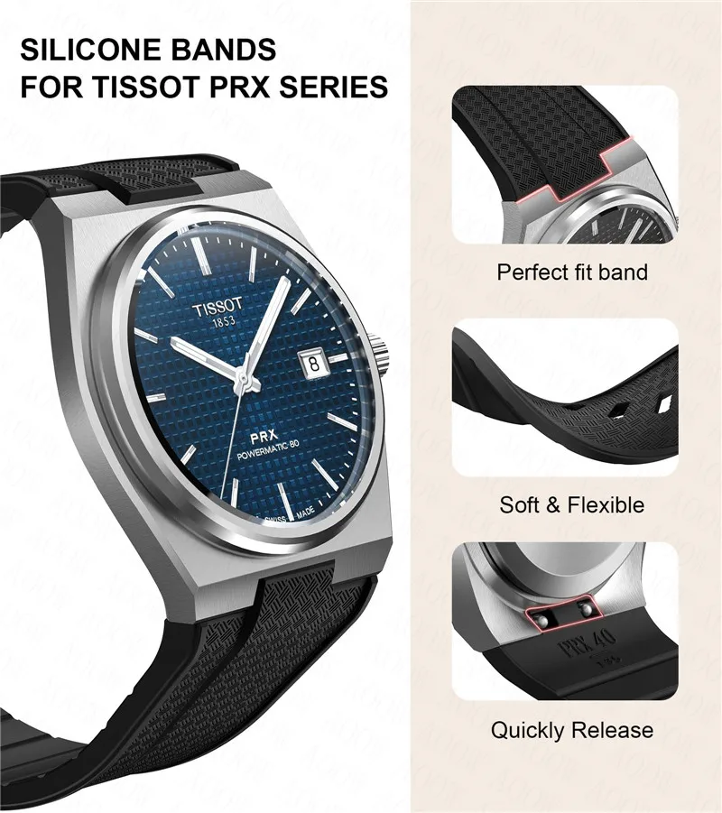 Silicone Strap for Tissot PRX Powermatic 40mm Quick Release Pin Buckle Men Sport Waterproof Replace Bracelet Watch Band 12mm