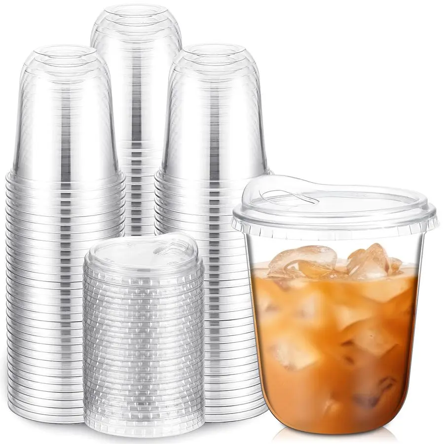 

Clear Plastic Cups with Strawless Sip Lids Disposable Round Bottom Togo Cups for Coffee Smoothie Cold Beverage Coffee Shops and