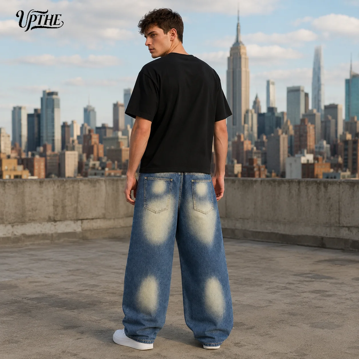 UP.THE Oversized Baggy Jeans for Men, Retro Gradient Washed Distressed Ripped Denim Pants, Jungle Tiger Floral Embroidery Y2K Streetwear Wide Leg Jeans, Skate Hip Hop Loose Denim Trousers for Teen Boys Daily Outfits view 8