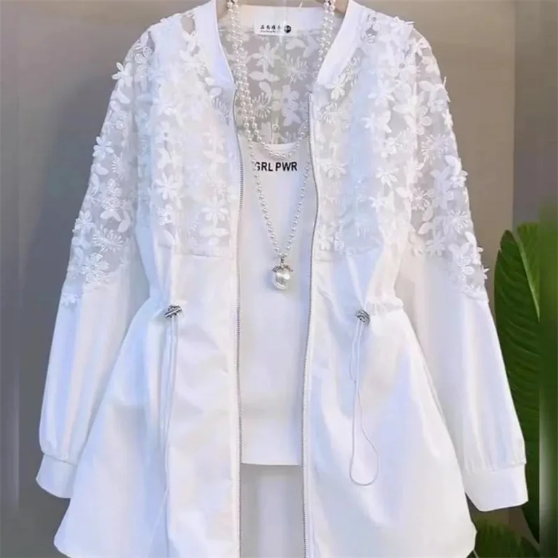 

Summer Three-Dimensional Flower Windbreaker Plus Size Womens Fat Sister Western Style Joker Slim Lace Stitching Long Sleeve Coat