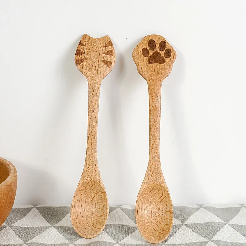 Creative Wooden Coffee Spoon Cat Claw Pattern Small Coffee Spoon Portable Stirring Spoon Salad Scoon Beech Wood