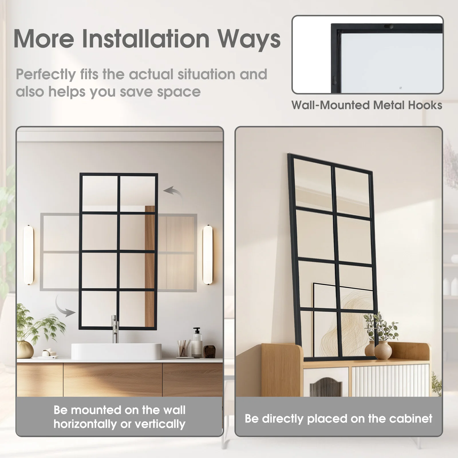 JHK Window Pane Wall Mirror Standing Hanging Full Body Wall Mirror Black Framed Mirrors for Wall Decor Living Room Metal Framed Big Square Mirror for Bathroom image 3