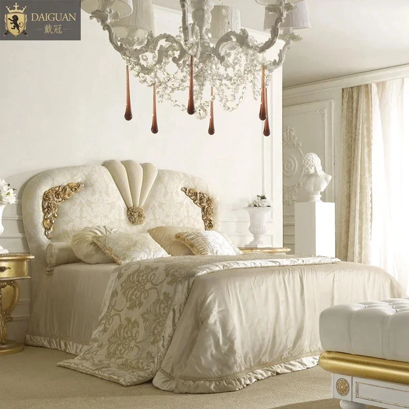 French neoclassical European luxury fabric soft bag double bed Master bedroom Italian solid wood carved bed Princess bed