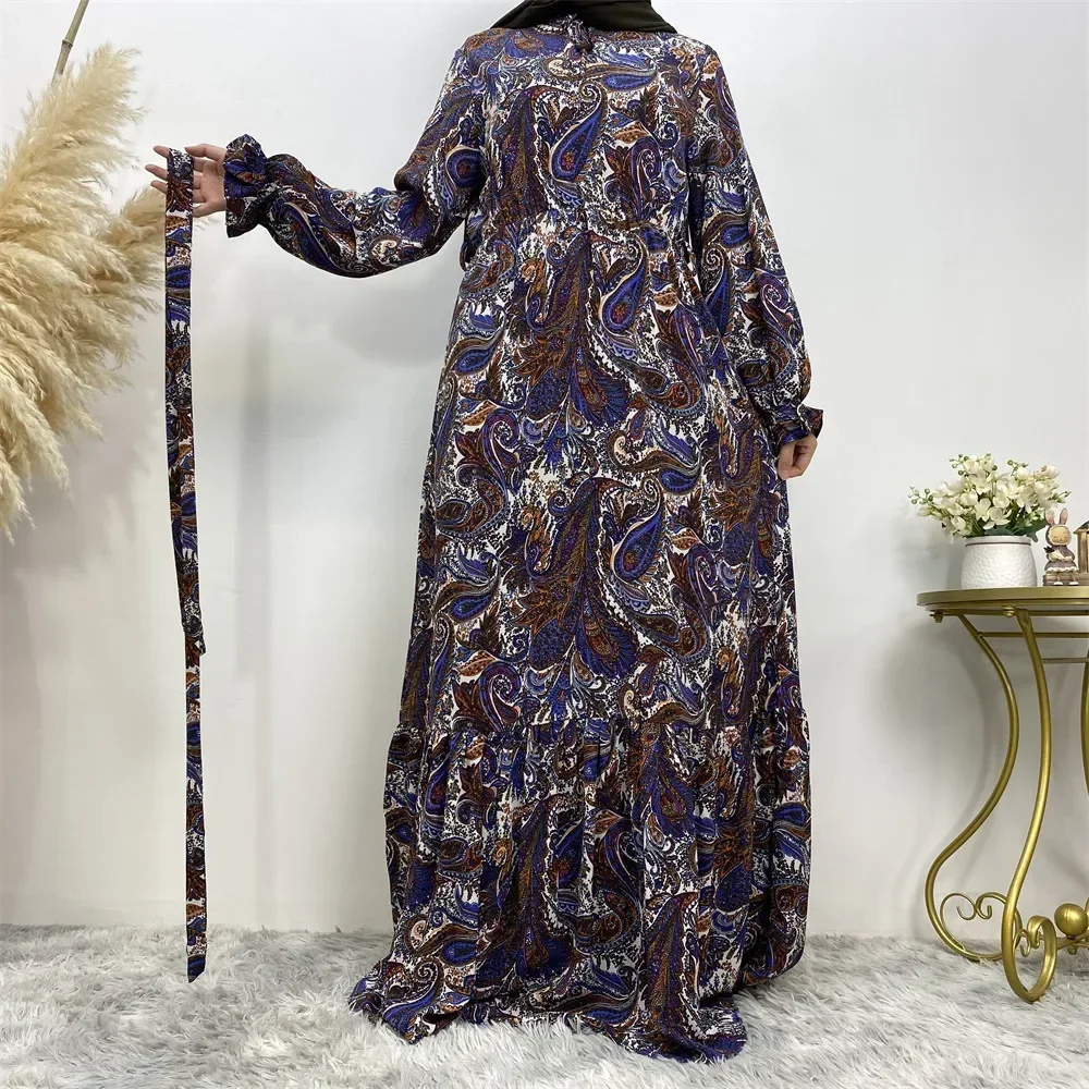 

Saudi Women Loose Maxi Dresses Lace-up Turkish Dubai Abayas Muslim Dress Printed Floral Casual Robe Kaftan Long Dress Vestidoes