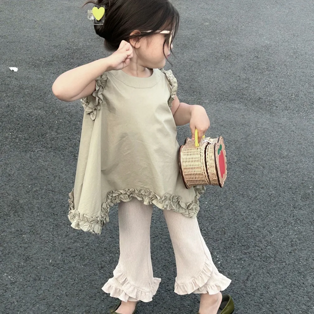 Girl Clothes Suit 2024 Summer Children Clothing Girls New Korean  Doll Shirt and Wrinkled Bell Bottoms 2-piece Set Clothes