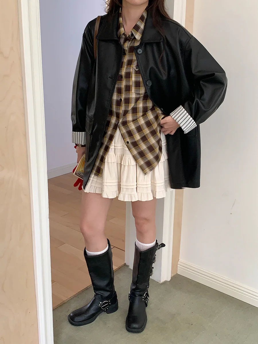 秋冬カジュアルスプライスストライプ長袖レザージャケットレディース新スタイルアウター