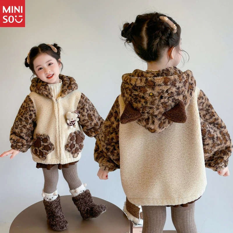 

2025 Girls Leopard Print Fleece Coat Winter New Thickened Fuzzy Fashion Top