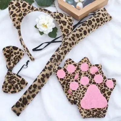 

1 set Adult Animal Cosplay Costume Props Leopard Headband Gloves Bow Tie Tail Set For Halloween Party Performance Stage