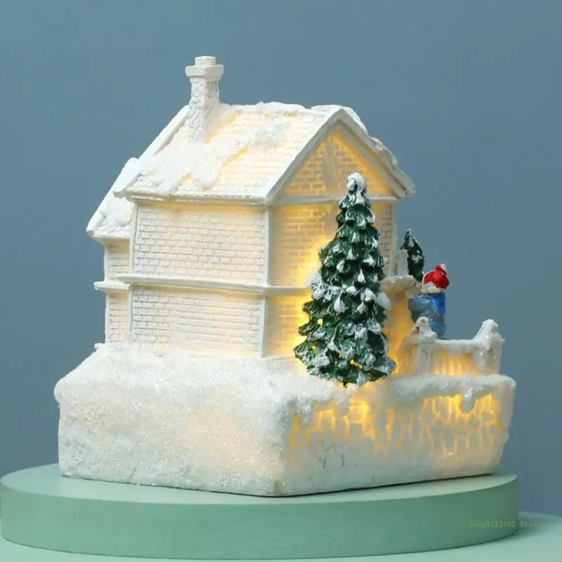 QX2E Christmas Santa Snow House Tiny Scene Sets Luminous LED Light Up Xmas Tree Shop Village Decorations Figurines Gift