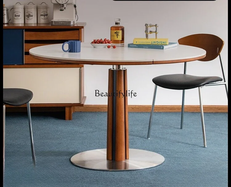 

12Extendable Solid Wood Rock Slab Dining Table Round Vintage Style Foldable