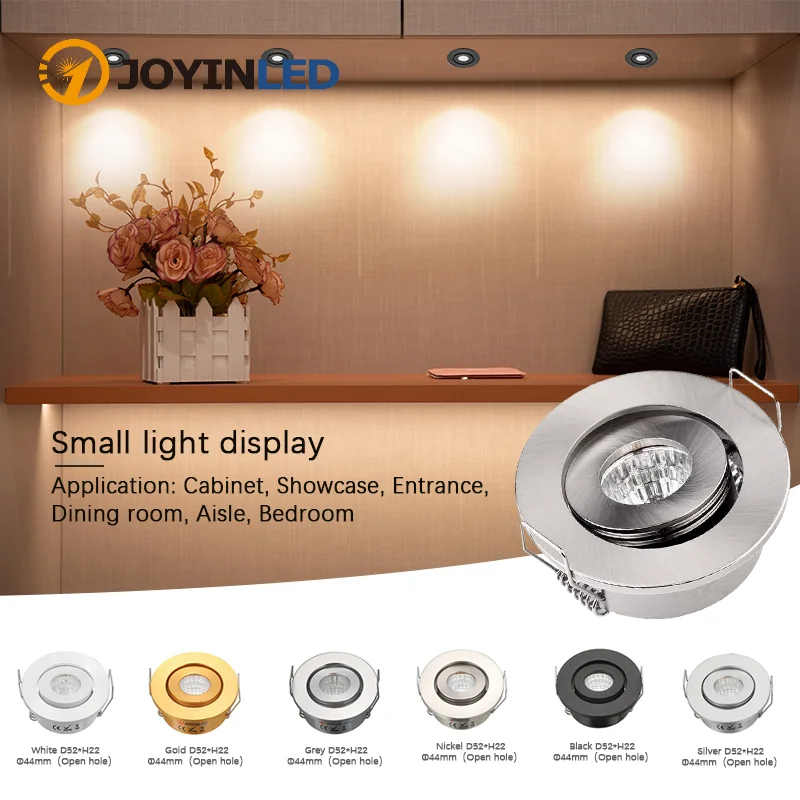 JOYINLED 10PCS 3W COB LED Downlight, DC12V 44mm Cutout Aluminum Mini Spotlight, Silver/Black/White/Goden/Chrome/Satin Nickel