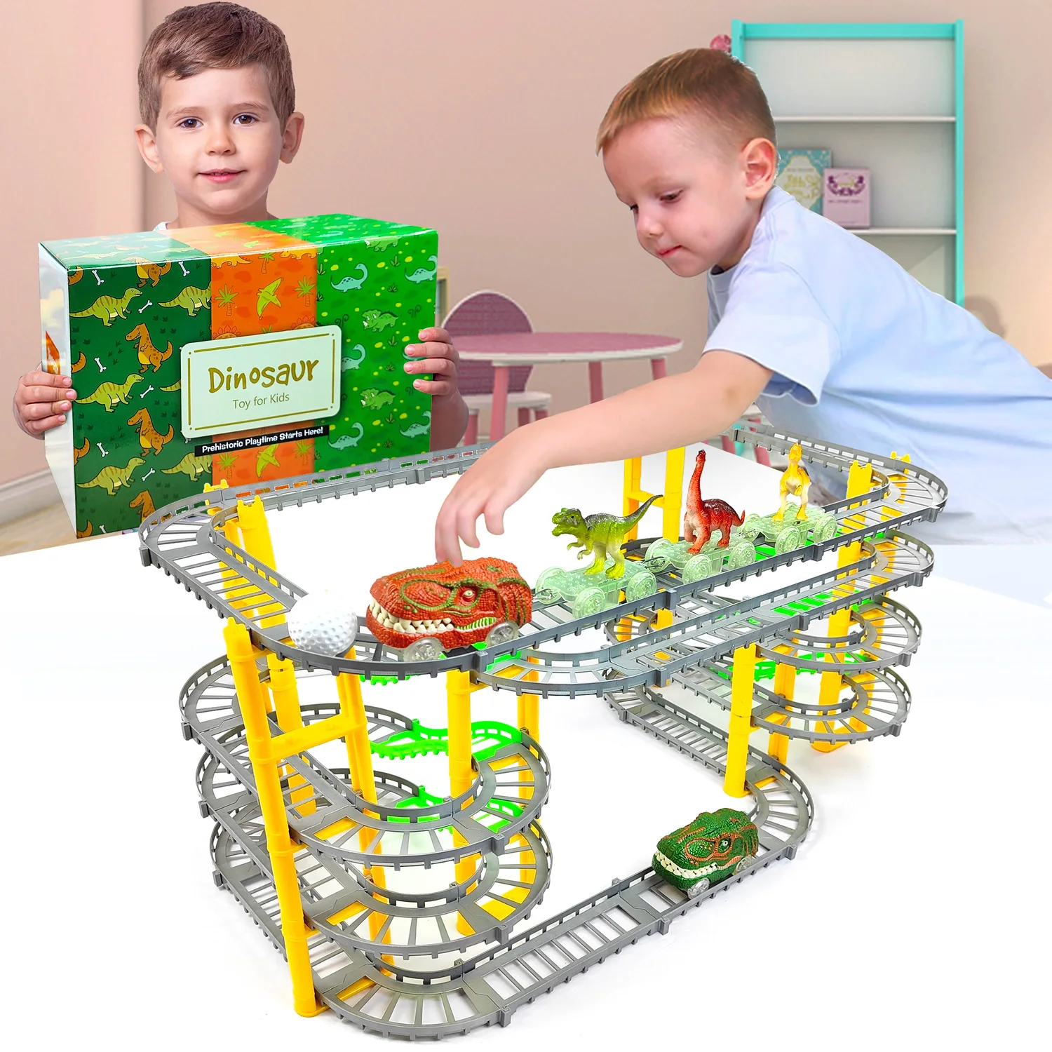 Recorrido de aventura de tren Dinosaur World Track Cars para niño, pista de tren luminosa con luz LED, juego de coches de carreras, regalo para niños