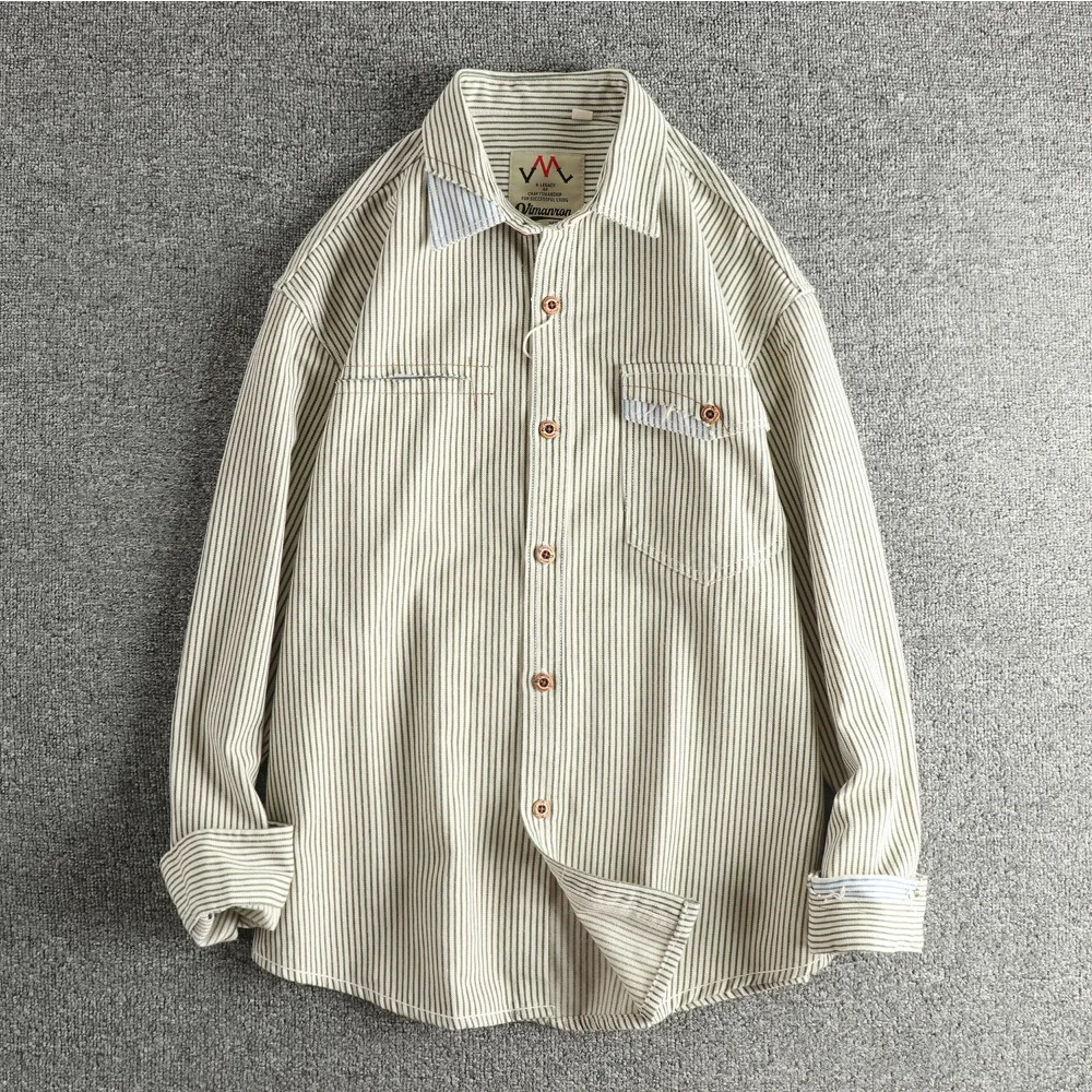 100% cotton retro patch splicing design American retro men's denim long-sleeved shirt custom-woven striped fabric trendy jacket