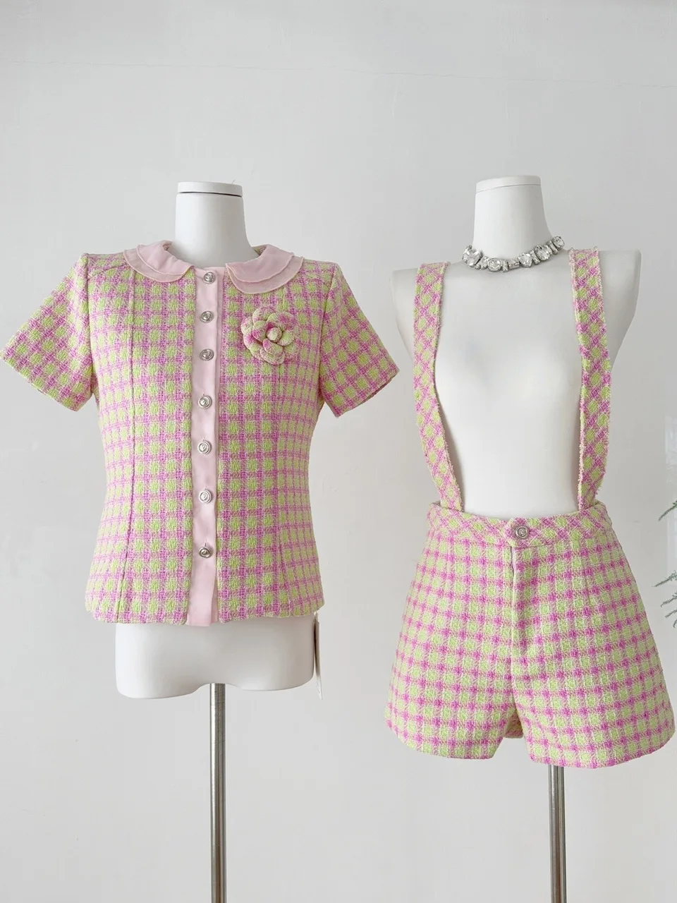 

High-End Cus-Dyed Plaid Floral Print Anti-Aging Open Cardigan Top Set Strap ort Pantsuit Commute Sle Summer Faion