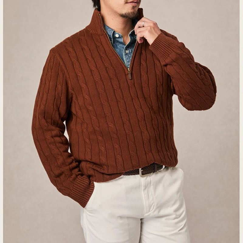 Firmranch 레트로 하프 터틀넥 지퍼 스웨터 점퍼 남성용 여성용 니트 트위스트 위빙 저지 풀오버 비즈니스 캐주얼웨어