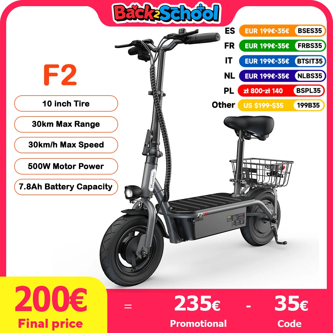 F2 10 pollici Scooter elettrico 500W 30 KM/H 7.8Ah Scooter folk per adulti 30 KM Max Range Scooter con sedile e cestino