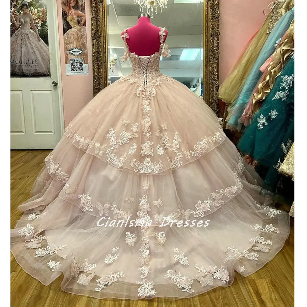 

Champagne 3D Flowers Butterfly Quinceanera Dress Ball Gown Spaghetti Strap Appliques Lace Tiered Corset Vestidos De Quinceañera