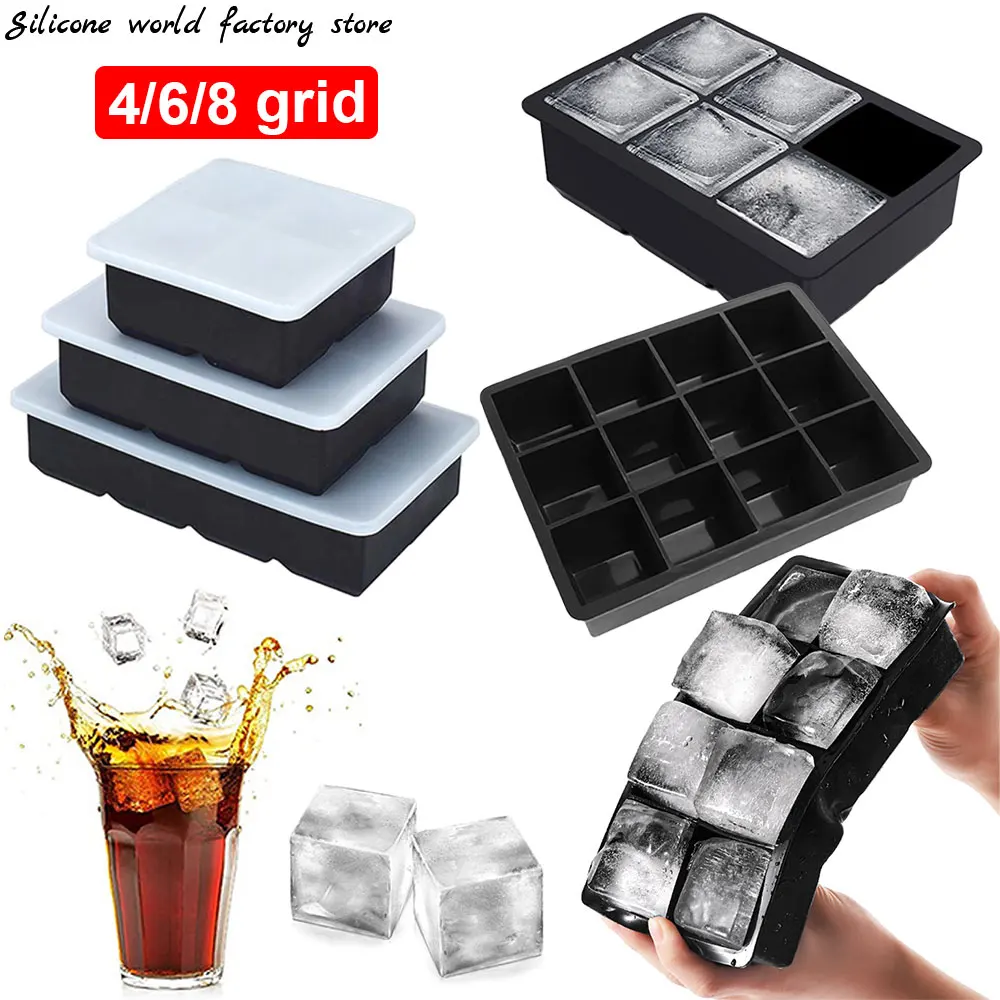 Silicone world 4/6/8 Grid Silicone Ice Mold Large Silicone Square Tray Mold DIY Ice Maker Silicone Ice Cube Mold With Lid