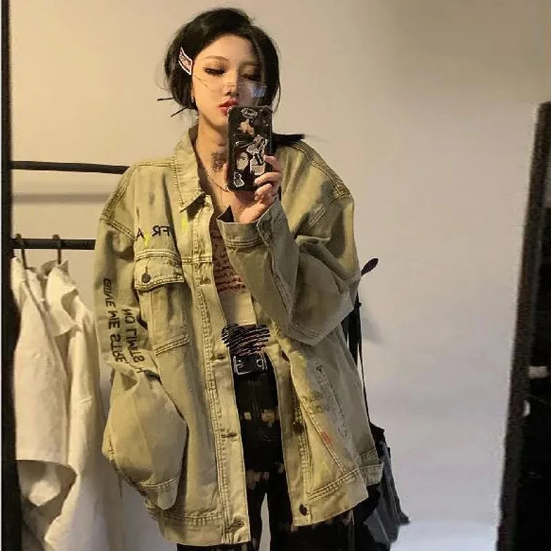 Fried Street Denim Jackets Women's Outwear 2025 Spring Autumn New Vintage Loose Letter Single Breasted Jeans Jacket Tops