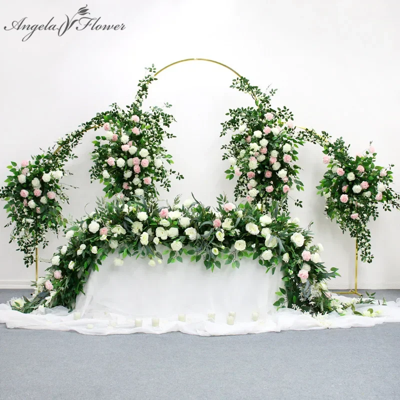 Flower Row Willow Leaf, Greenery, Rose, Arrangement, Table Flowers, Strip Runner, Wedding Backdrop Decor, Party Floor Floral