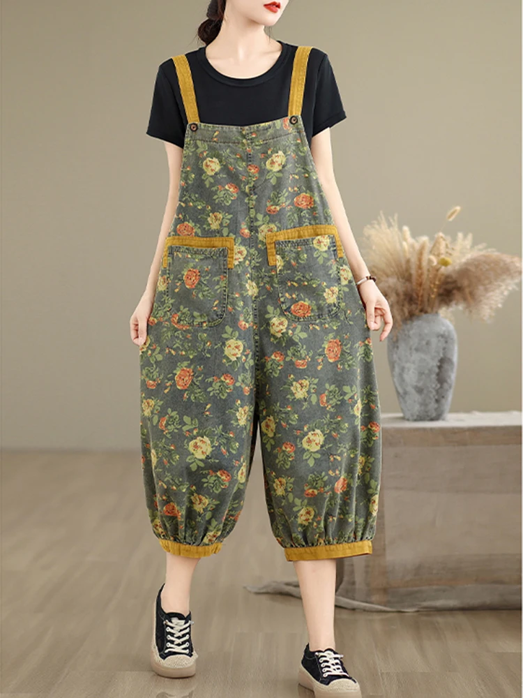 Fashion Print Floral Y2K Denim Jumpsuits Woman Summer Streetwear Cargo Wide Leg Baggy Pants Patchwork Mom Jeans Overalls Women