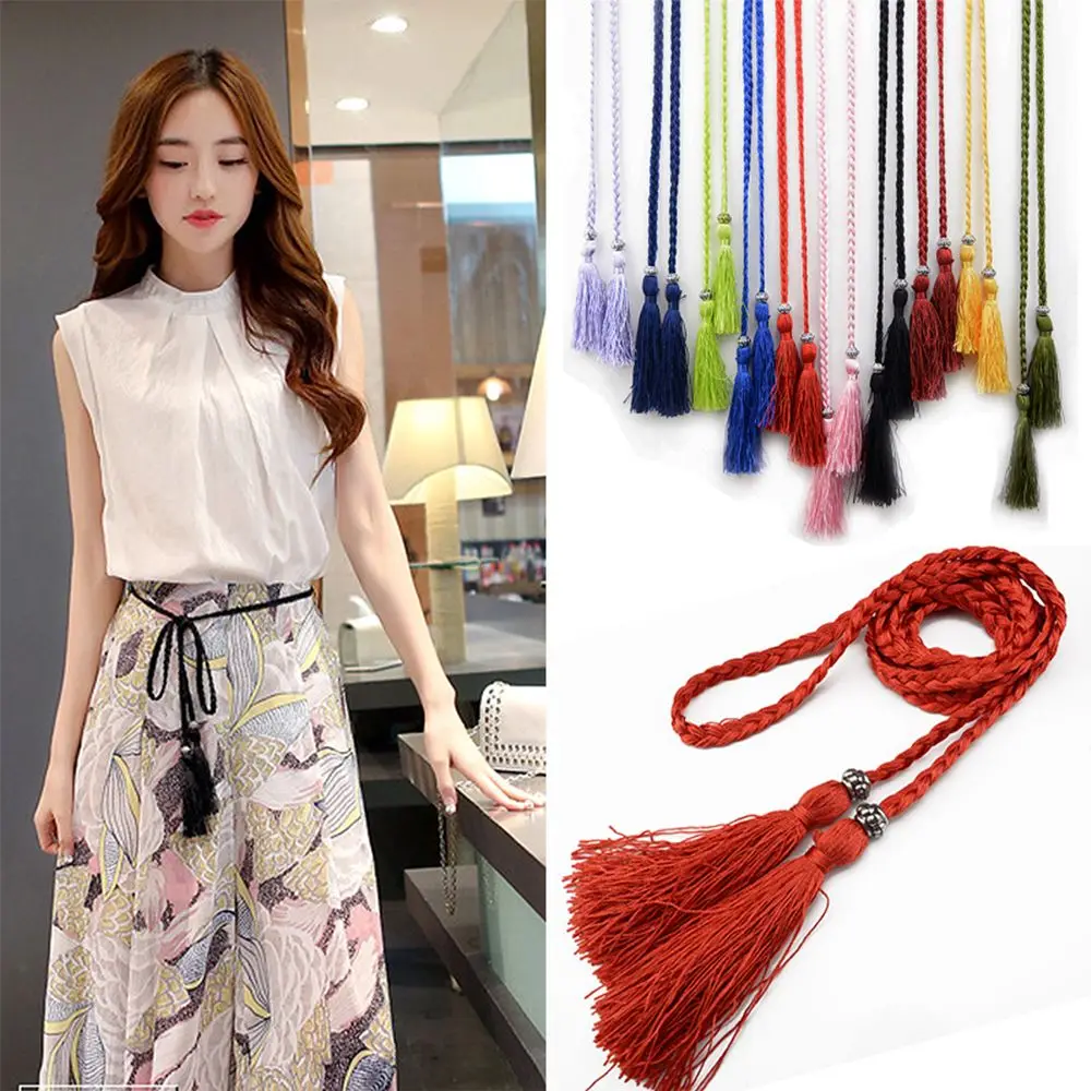 160cm Thin Tassle Waistband Bow Dress Waist Chain Waist Rope Braided Belts Tassles Belts