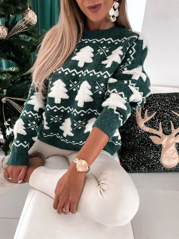 Fashion Christmas Sweater Autumn Winter New O-neck Long Sleeve Flocked Christmas Tree Knitted Pullover Loose Casual Warm Top