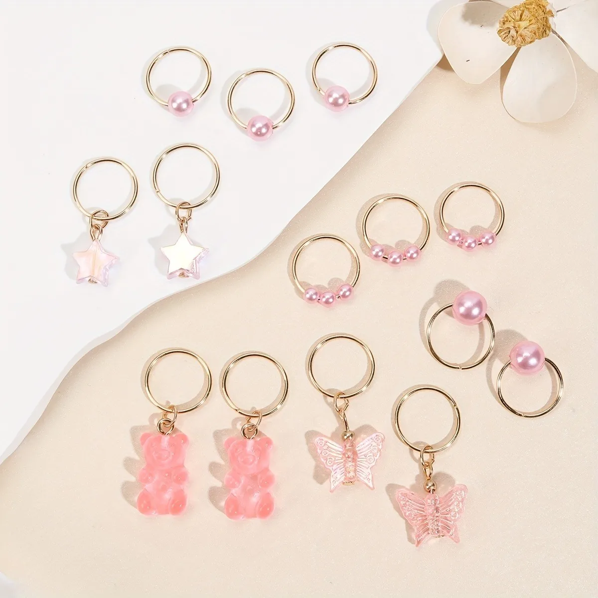 14pcs/Pack Pink Pearl Star Bear and Butterfly Shape Hair Braid Rings Hair Ties Hair Accessories for Girls Headwear