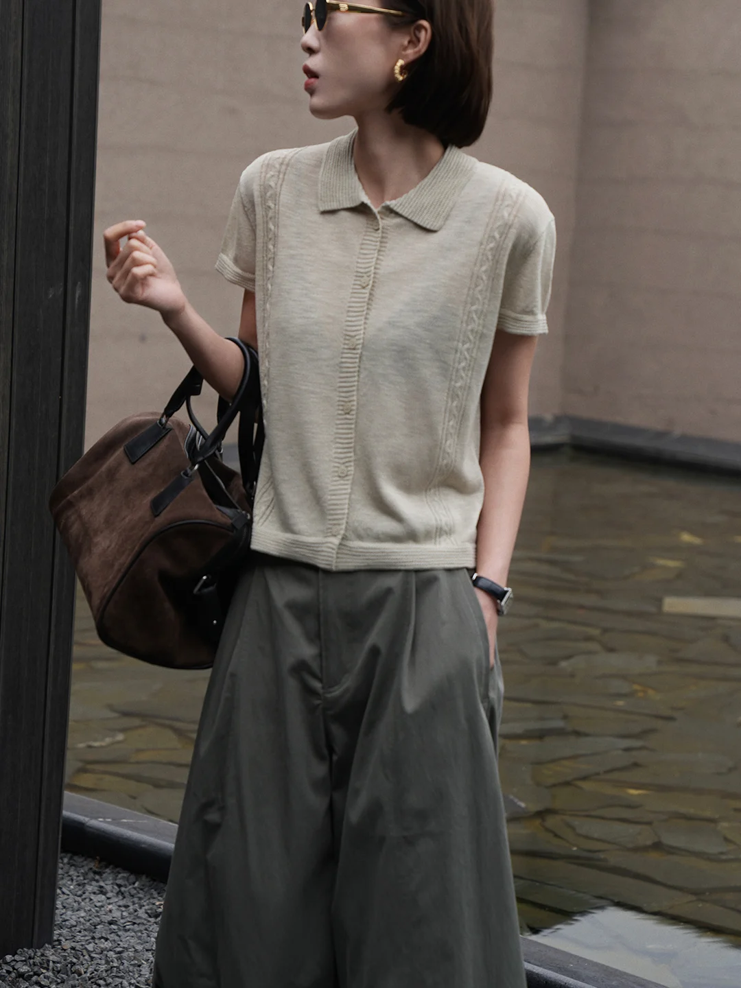 

Корейский стиль: женский вязаный кардиган с коротким рукавом, рубашка с отложным воротником, легкий, элегантный, укороченный, стройнящий силуэт