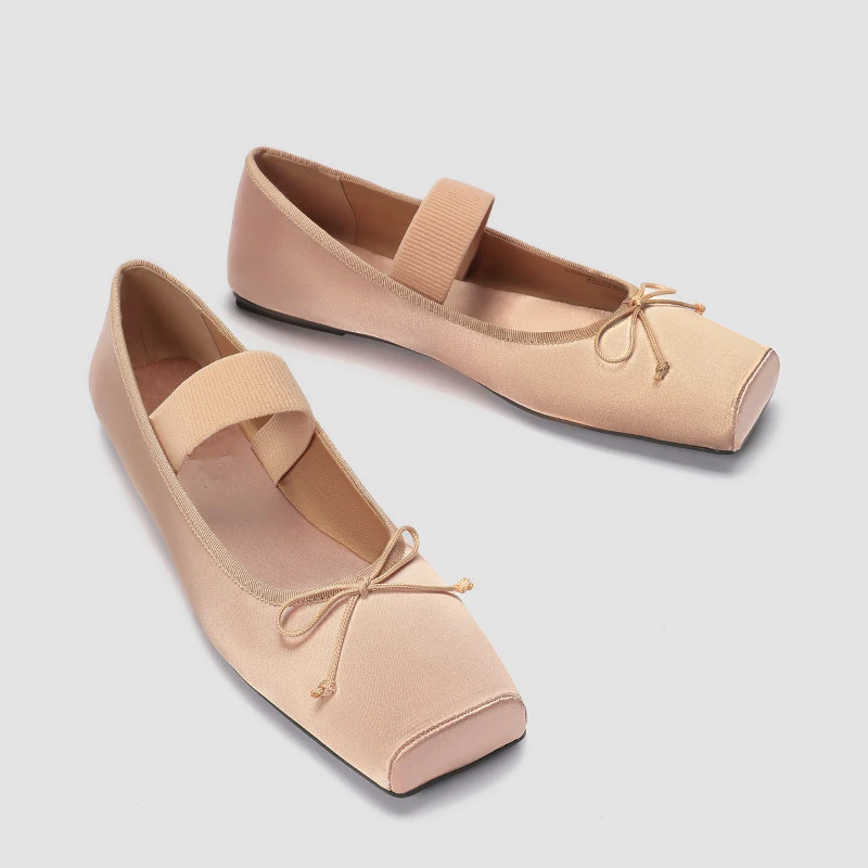 

High Quality Sheepskin Square Head Ballet Shoes Women Wear Retro Light Mouth Single Shoe French Bow Flat Mary Jane Shoes Woman