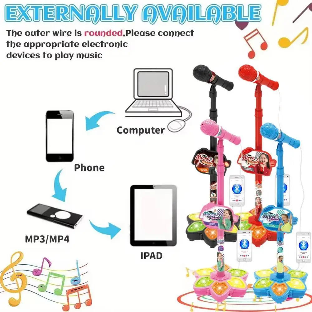 

Adjustable Kids Karaoke Microphone Bluetooth Connected with Colorful Lights 100cm Height Stand Musical Toy Gift for Childre B6J4